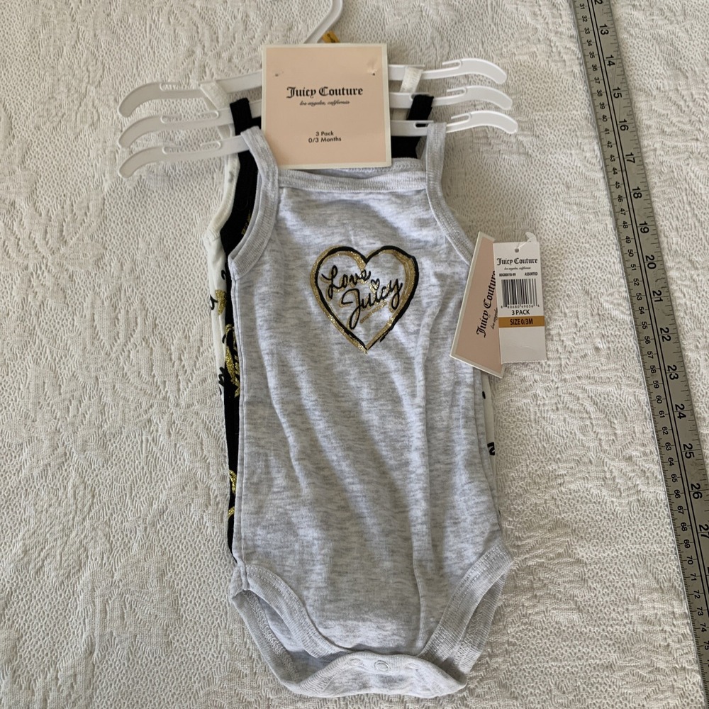 Juicy Couture Baby Girl 3 Piece Tank‎ Top Bodysuit Set~Black, Gray, Ivory & Gold